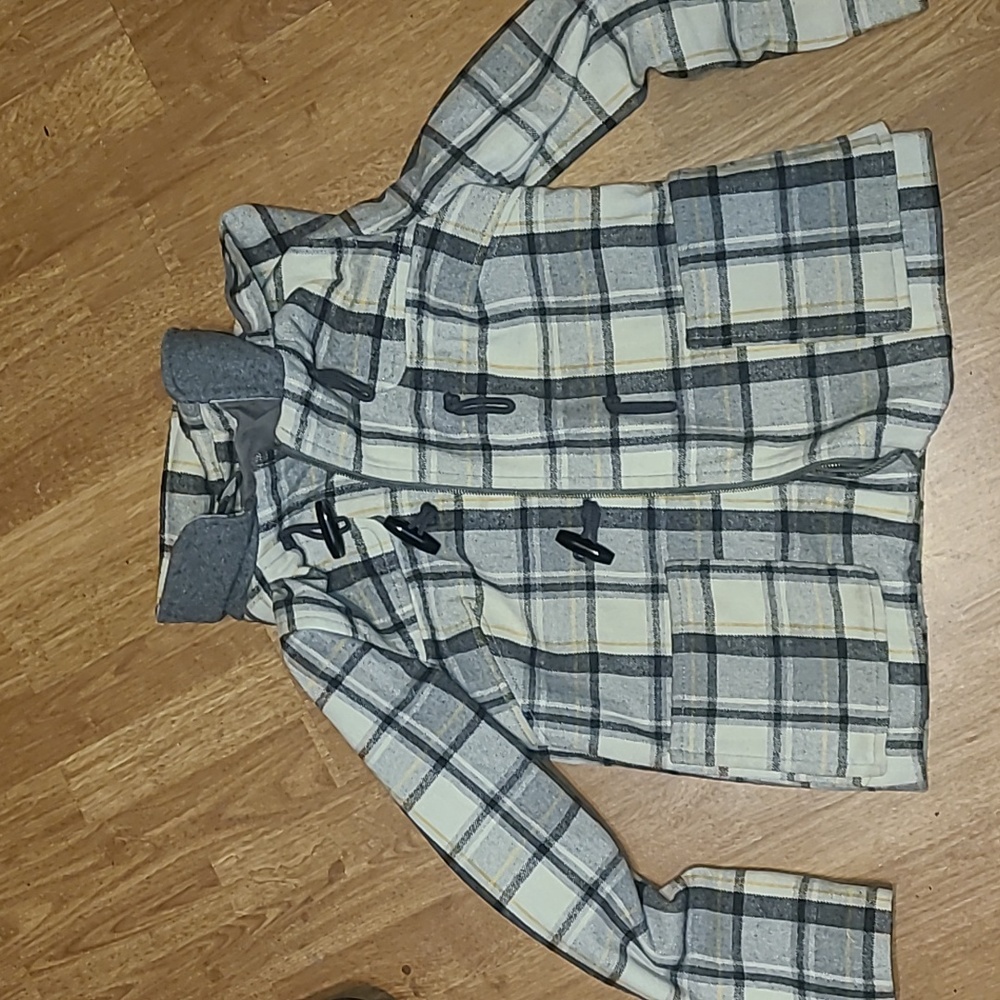 Gray And Yellow peacoat With Hood And Toggle Buttons Size M